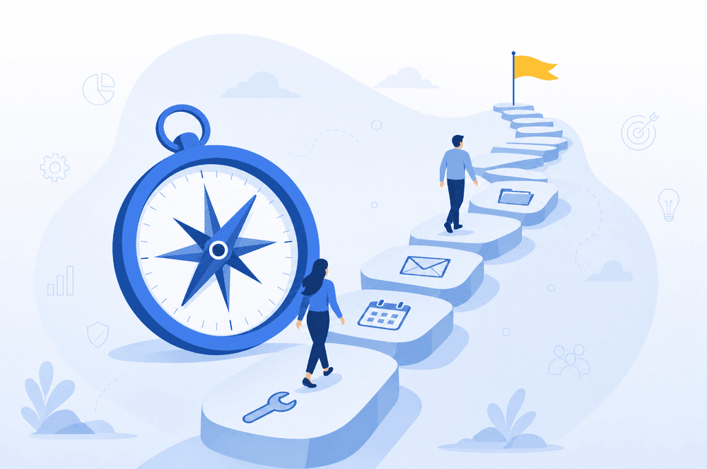 Flat illustration of a compass beside a stepping-stone path of tool icons leading to a flag